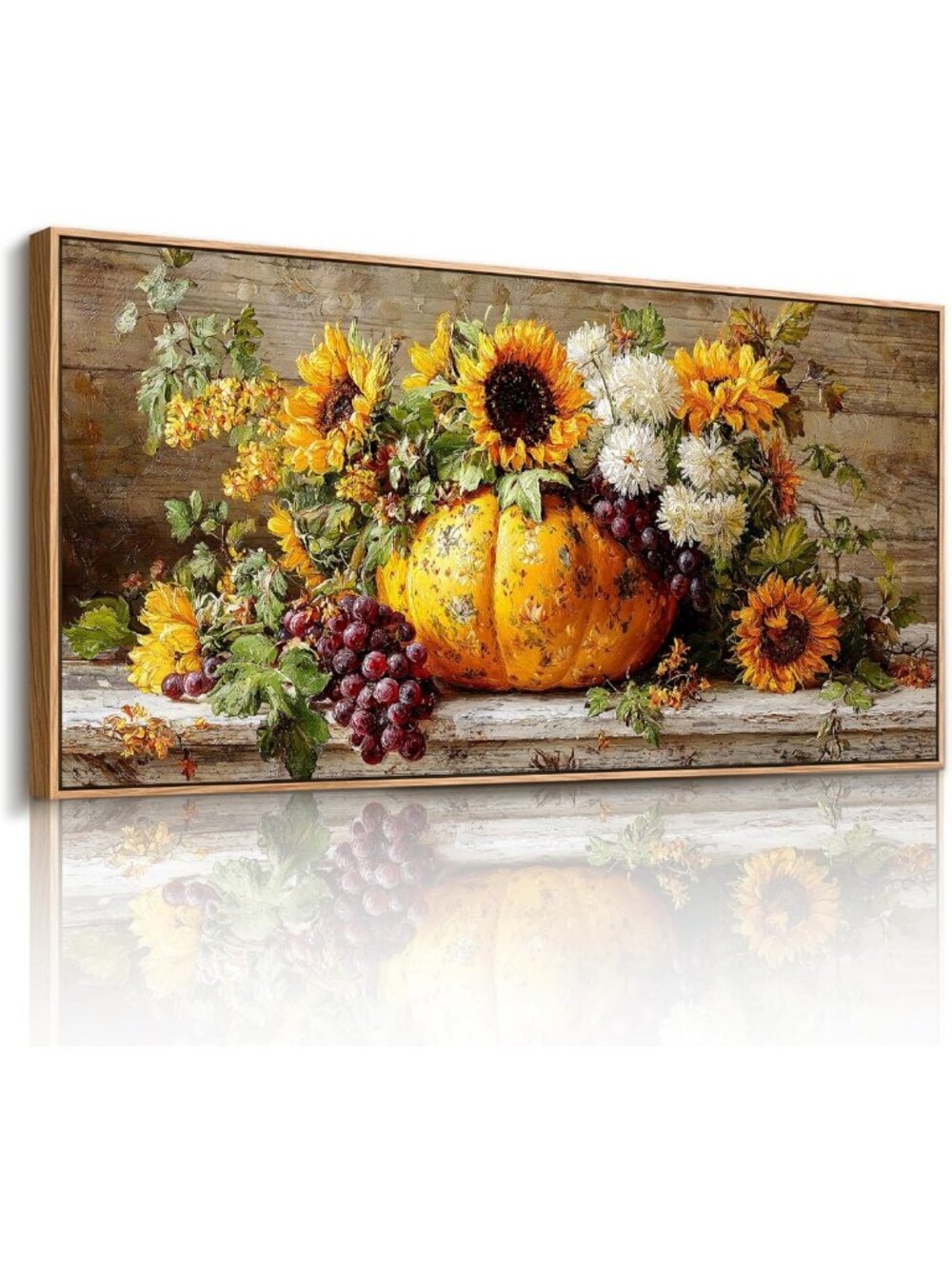 Framed Kitchen Wall Art - Sunflower & Pumpkin Prints, 20"x40", Rustic Decor